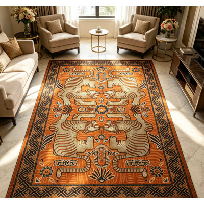 lxt-Washable Tiger Area Rug Boho Blue Vintage Tribal Animal Print Carpet Non-Slip Mark Resistant Modern Decor for Living Room, Bedroom, Office