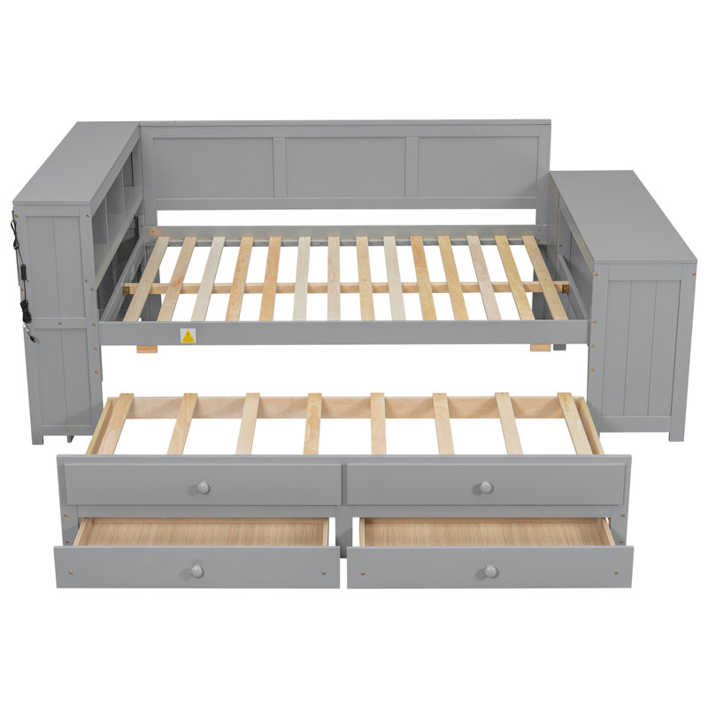 Full Size Daybed With Storage Shelves,Drawers,Trundle,Charging Station,LED Light,Desk And Cabinet,Gray