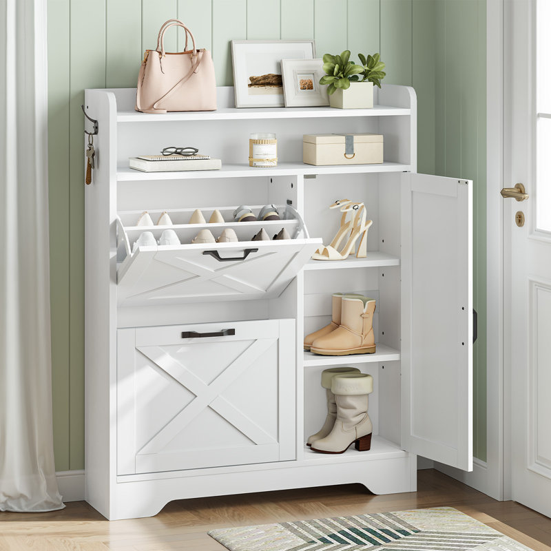 Narrow Shoe Storage Cabinet with Adjustable Side Cabinet, White