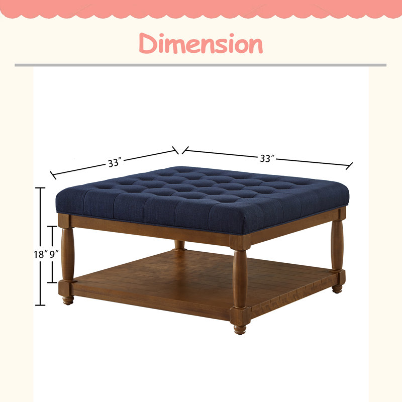 Large Square Upholstered Tufted Linen Ottoman Coffee Table, Large Footrest Ottoman With Solid Wood Shelf,Modern Design, Blue