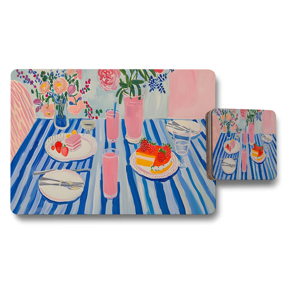 Floral Placemats And Coasters Set With Pink Vase Artwork