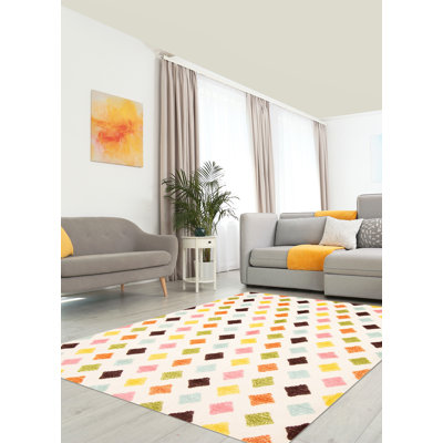 Tapis ivoire / vert / orange en laine noué à la main Aleli