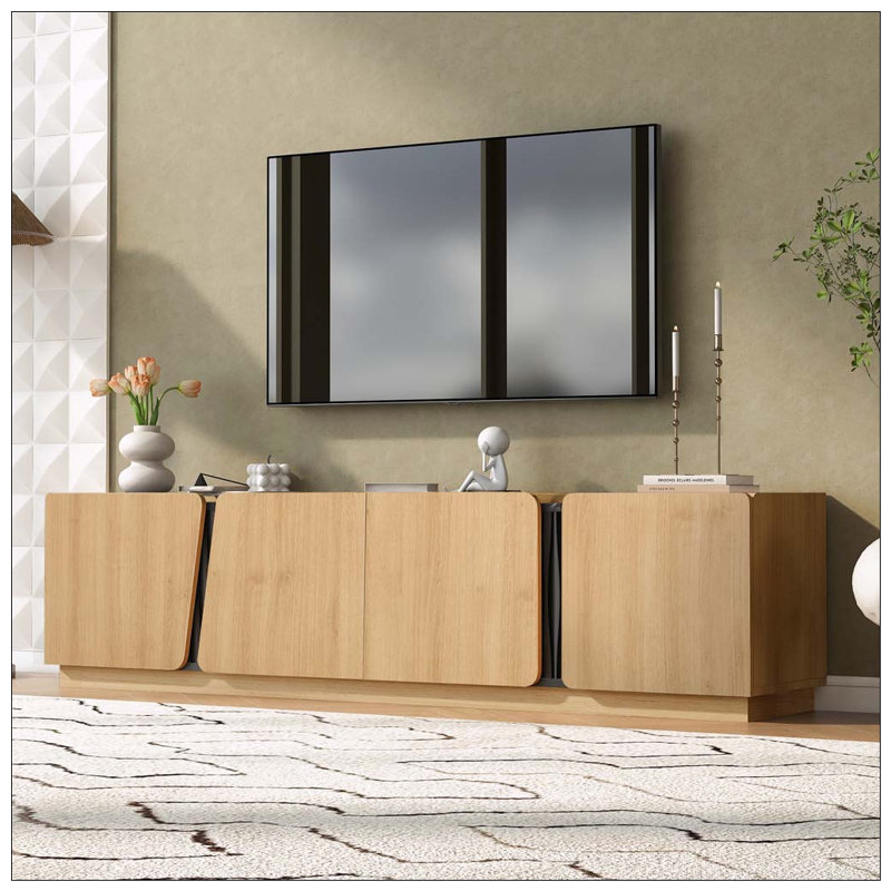 Meuble télé moderne avec coins arrondis, plateau contrastant en marbre et tablettes intérieures réglables, Chêne
