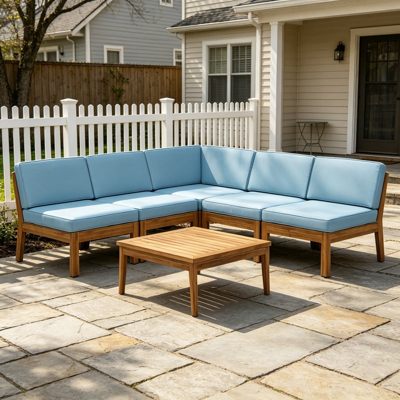 Ensemble de canapés modulaires à 5 places en bois de grenade Acacia, teck et bleu, Blue