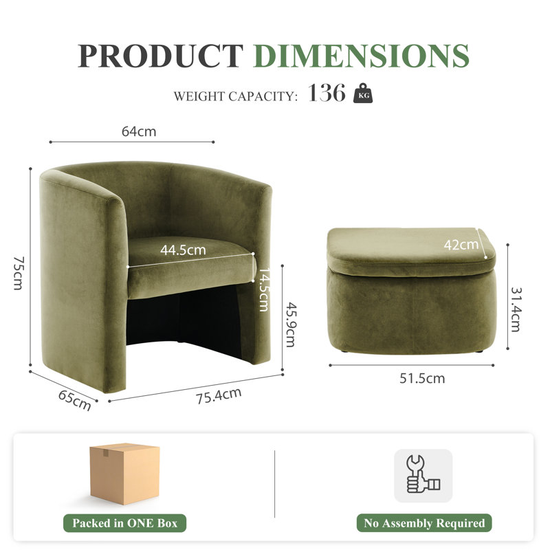 Kyah Upholstered Barrel Chair with Footstool, Green Velvet