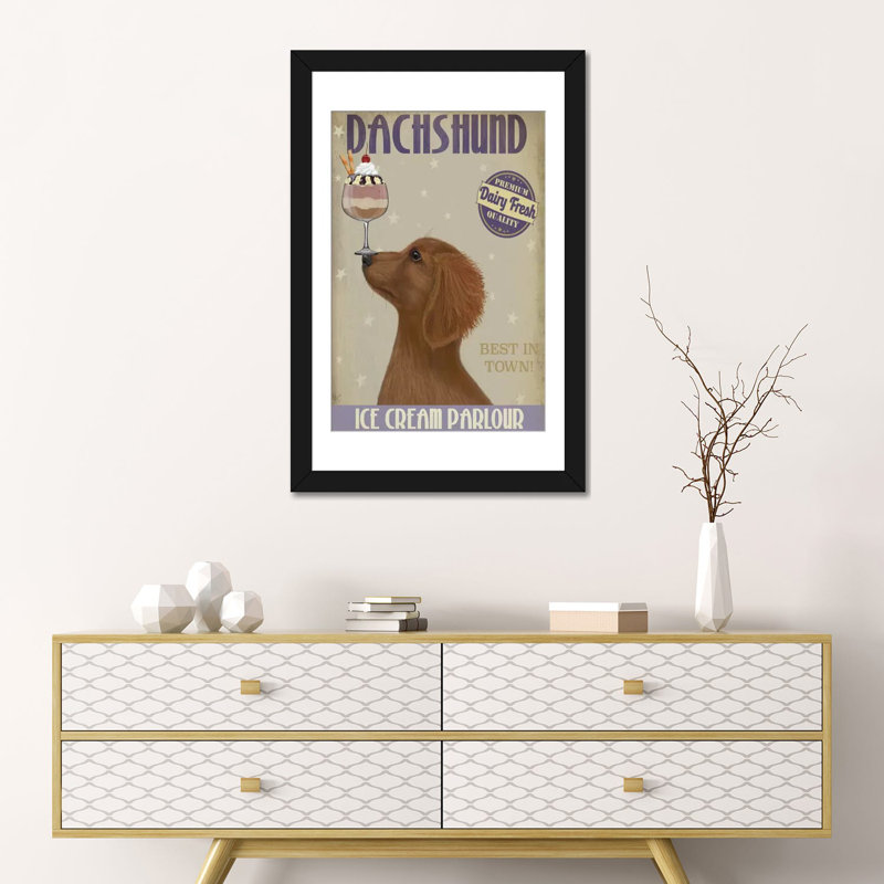 Impression sur toile tendue Fab Funky «Dachshund Ice Cream», H 32 po x l 24 po x P 1 po, Papier d'art encadré noir, Blanc