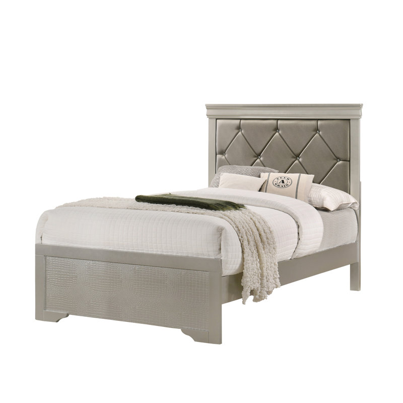 Lit simple moderne beige avec tête de lit tapissier et panneau de support en lattes, Lit simple