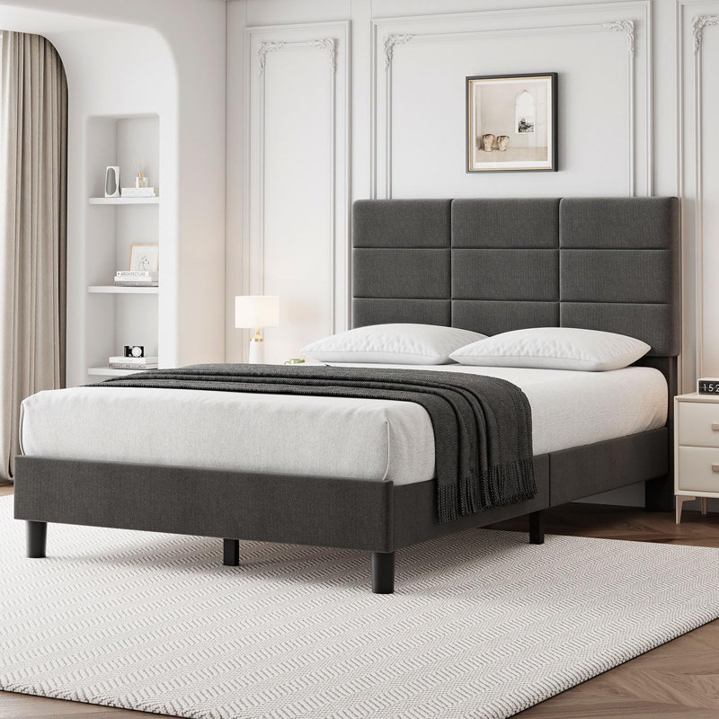 Très grande base de lit tapissier avec tête de lit, lit plateforme en lin, support de 700 lb, silencieux, assemblage facile, gris