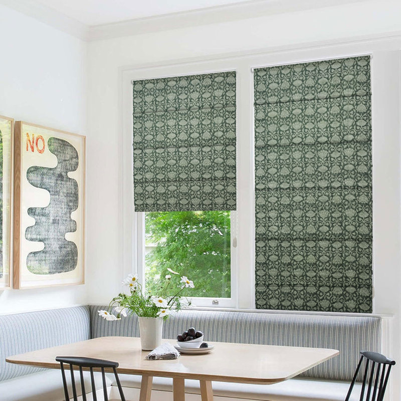 Fabdivine Modern Gray Corded Blinds Handmade 100% Blackout Cotton Roman Shade with Floral Block Print for French Doors, Windows and Rooms, Hall Window Treatment, Ulta Kamal