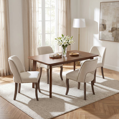 5-Piece Rectangular Walnut MDF Top Dining Room Set With Beige Fabric Upholstered Chairs Seats 4