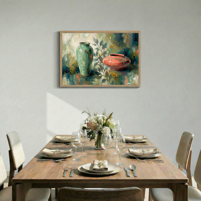 «Green Vase and Rust Pot in Abstract Style», art mural sur toile, H 18 po x l 24 po