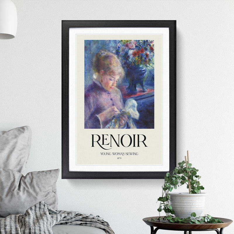 Young Woman Sewing by Pierre-Auguste Renoir - Picture Frame Painting, 65cm H x 48cm W x 2cm D, Black Framed