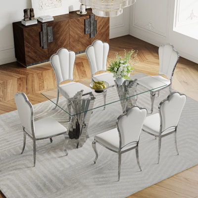 7-Piece Modern Dining Set – 70" Glass Dining Table With Stainless Steel Base & 6 Faux Leather Shell-Back Chairs