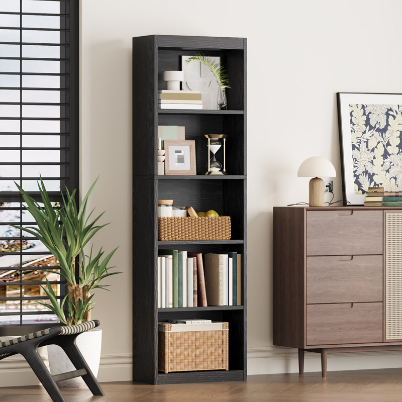 5 Tier Bookshelf, 20 Inches Wide Wooden Storage Shelves,Retro, Black