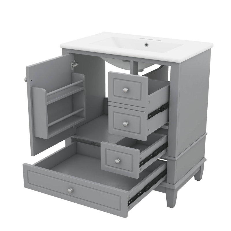 Meuble-lavabo pratique de 30 po avec lavabo - équipé d'une porte (avec tablette) et de trois tiroirs à fermeture en douceur