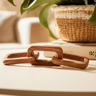 Handcrafted Wood Triple Link Chain Decorative Object for Home Decor - Modern Sculpture Accent for Office Desks or Living Room Styling - 17", Brown