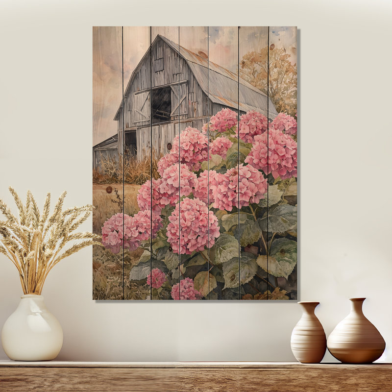 Hydrangeas In The Old Farmyard - Hydrangea Wood Print - On Natural Pine Wood, 32" H x 24" W x 0.78" D