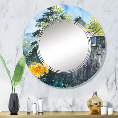Château sur une montagne verte I - Miroir mural colonial rond