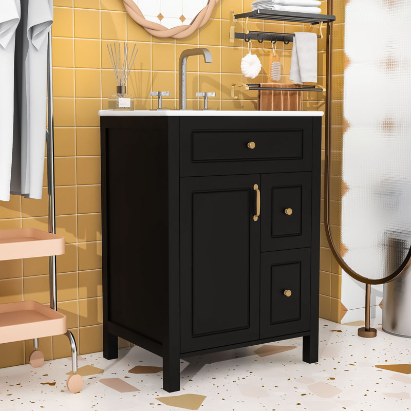 Compact Bathroom Vanity with Overflow Protection, Ample Storage, Black