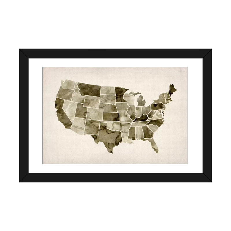 « water color map ii », impression sur toile, Papier d'art encadré noir, Blanc, H 24 po x l 32 po x P 1 po