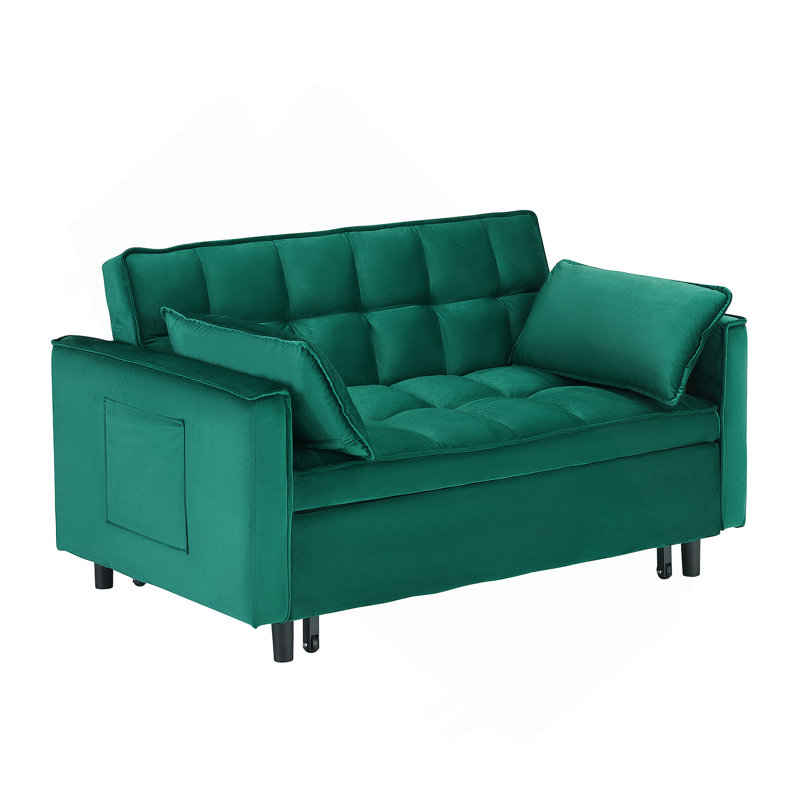 Canapé-lit à accoudoirs carrés en velours de 55 po de large avec dossier inclinable et 2 coussins décoratifs Eiri, Vert