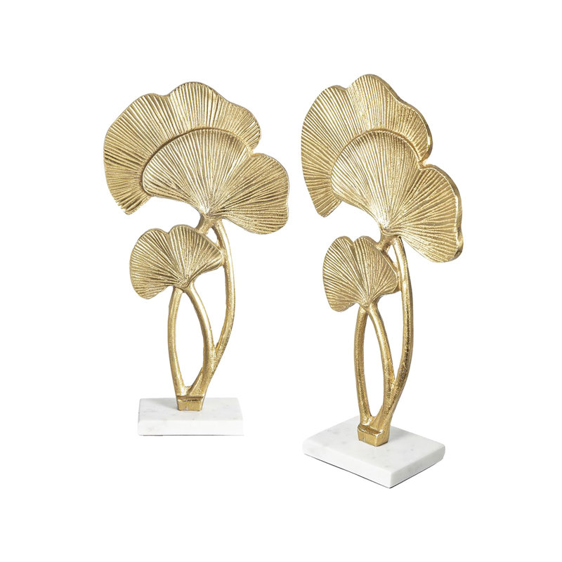 Decorative Gold Leaf Sculpture With Square Marble Base Set of 2 7.5" x 3" x 14" Gold/White