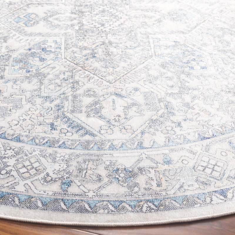 Xailey Orlando Felt/Velvet/Laminated Film Machine Washable Southwestern Rug in Ivory/Light Blue, Round 6'7"