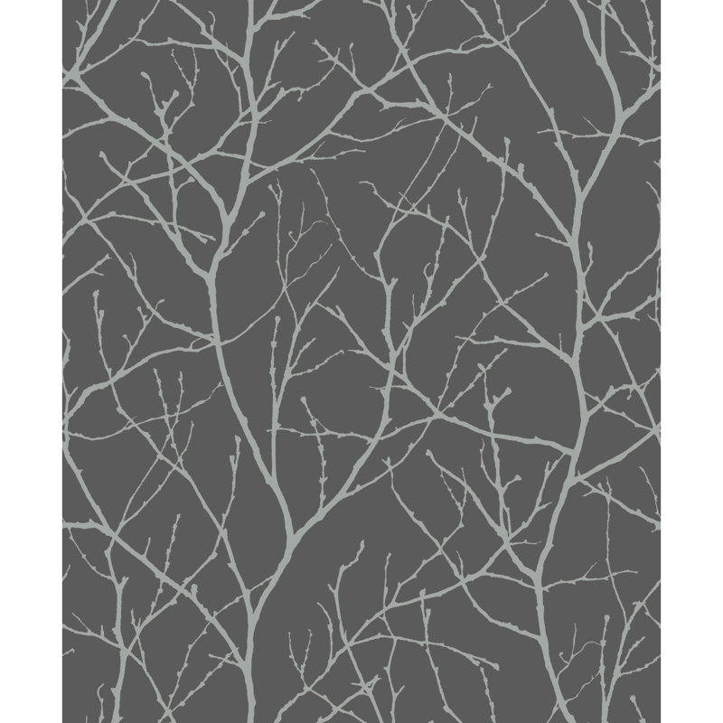 Trees Silhouette Floral Metallic Wallpaper Roll, Black/Silver