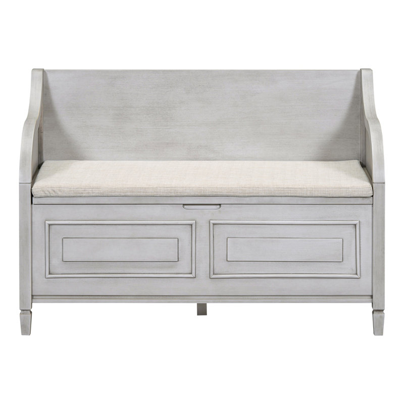 Banc de rangement rustique en bois massif avec charnière de sécurité et coussin beige, Gris