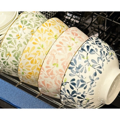 4.5-inch Floral Footed Bowl Set of 4 Colors, Under-glaze Ceramic Microwave & Oven Safe Bowls, Heat-Resistant Rice Noodle Bowls, Dishwasher Friendly Tableware