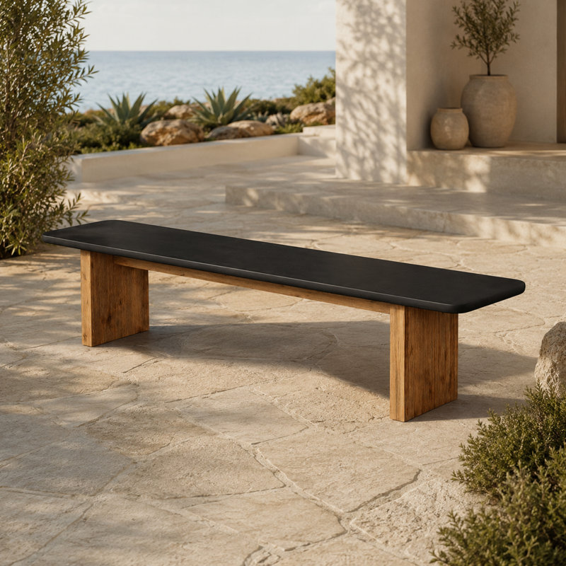 Modern Indoor/Outdoor Matte Black 78.7" Poly-Fibre Bench, 17.1" H x 86.6" W x 15.7" D, Black/Brown