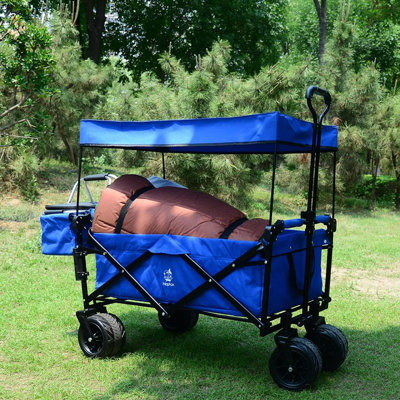 Collapsible Wagon 140L Wagons Carts Foldable with Removable Canopy, Folding Wagon Cart with Wheels for All-Terrain with Brake, Foldable Wagon with Cooler Bag, for Camping Beach Shopping