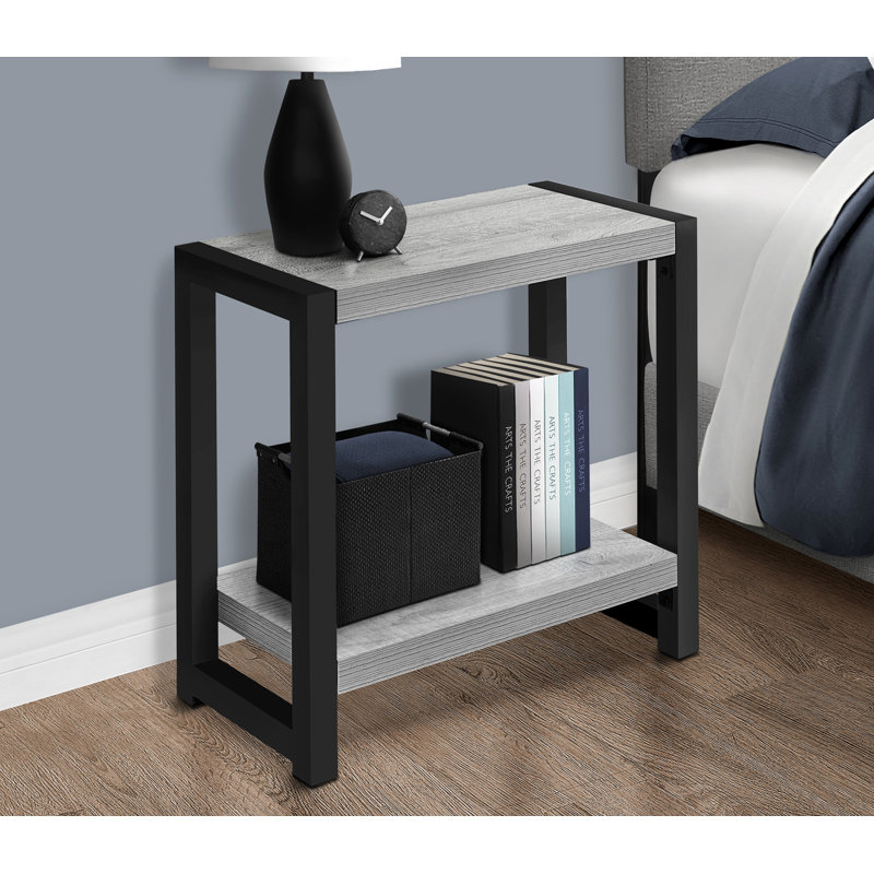 Table d'appoint, côté, bout, étroit, petit, 2 niveaux, stratifié gris, métal noir, contemporain, moderne, Gris