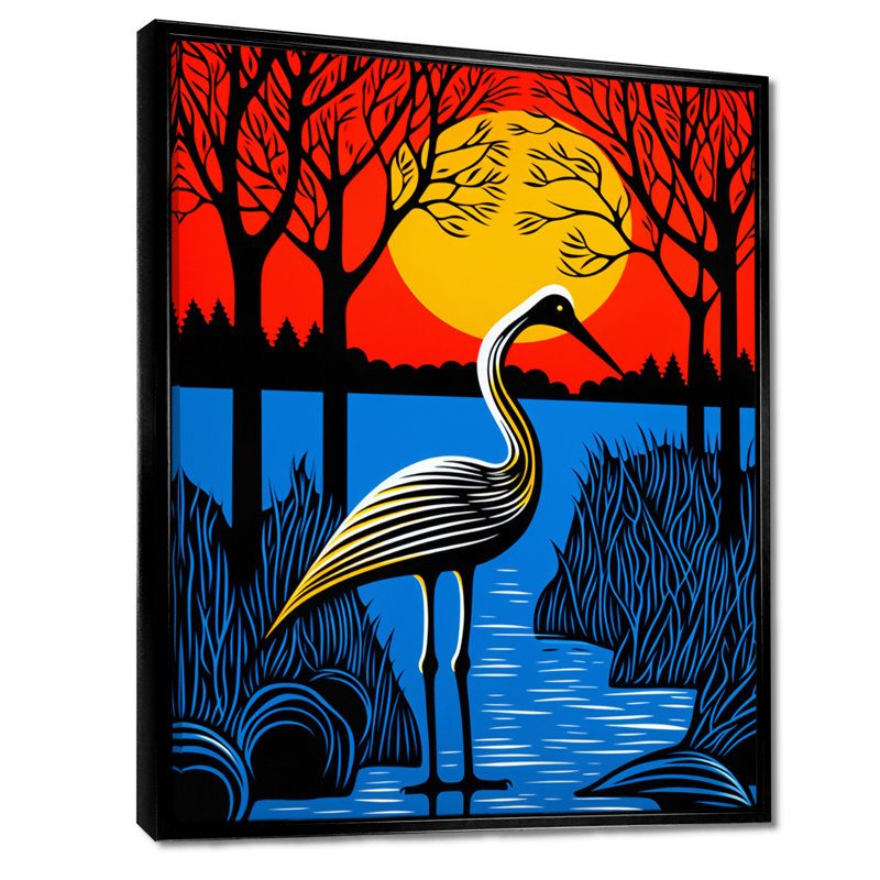 Cigogne par la pleine lune, art mural pélican, H 20 po x l 12 po, Toile flottante noire encadrée