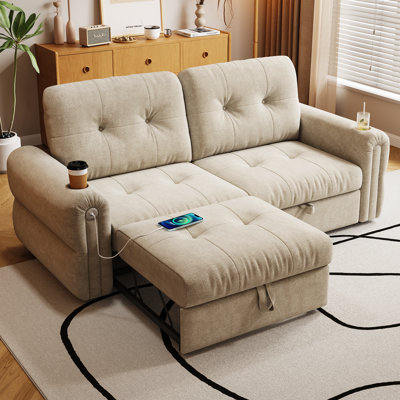 Lit, multifonctionnel 2 en 1 pour chambre à coucher, salon, dortoir et bureau personnel, matériau en flanelle, rembourrage en mousse, structure en acier, capacité de 600 livres, beige, convertible minimaliste