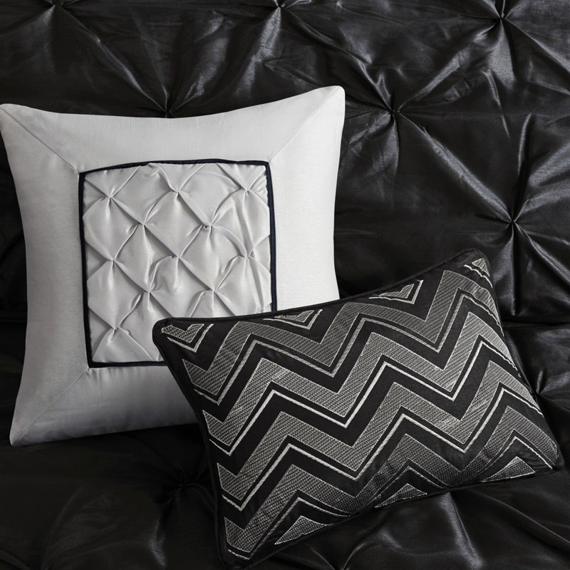 Édredon 7 pièces très grand noir - Comprend 1 édredon, 2 taies décoratives, 3 coussins décoratifs, jupe de lit envoûtante à 100%, contient