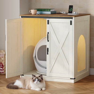 Grand bac à litière pour chat, meuble de litière autonettoyant caché avec support rotatif, armoire pour chat de ferme avec prise de courant et lumière, chatière, blanc rustique