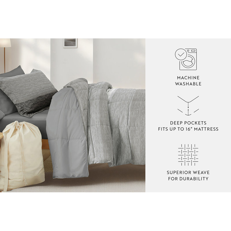 8-PC College Dorm Twin XL Bedding Bundle - Comforter Set, Sheet Set, Pillows and Laundry Bag, Ombre Gray