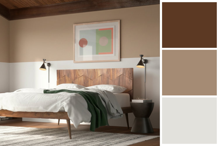 mid-century modern bedroom with dark brown ceilings and half white, half tan walls