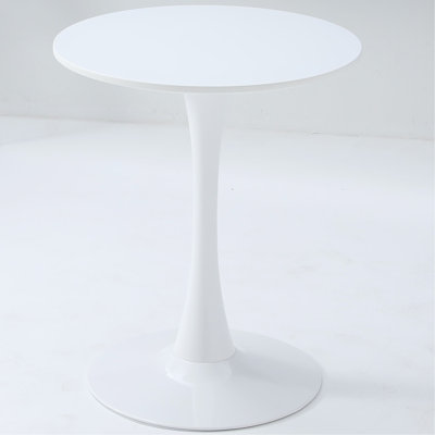 A light luxury style white round dining table with an elegant tulip-shaped steel base and a 24-inch medium-density fiberboard tabletop in a modern med
