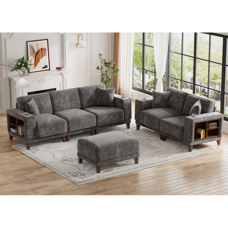 Ensemble de canapé modulaire avec rangement en chenille à compression et causeuse, Gris