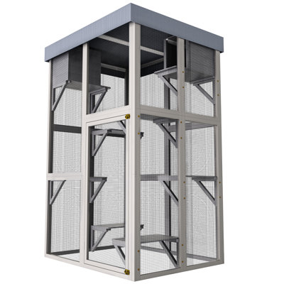 70.5" Tall, Gray Wood, Cat Playpen, 6 Spacious Platforms, Active Feline Play, 2 Napping Areas, Movable Tarp, Weather Adaptation House, Jumping Zones,