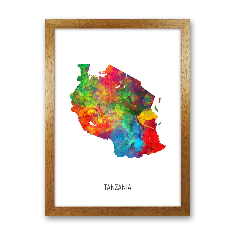 Tanzania Watercolour Map by Michael Tompsett - Print, Brown Framed, 88cm H x 64cm W x 3cm D