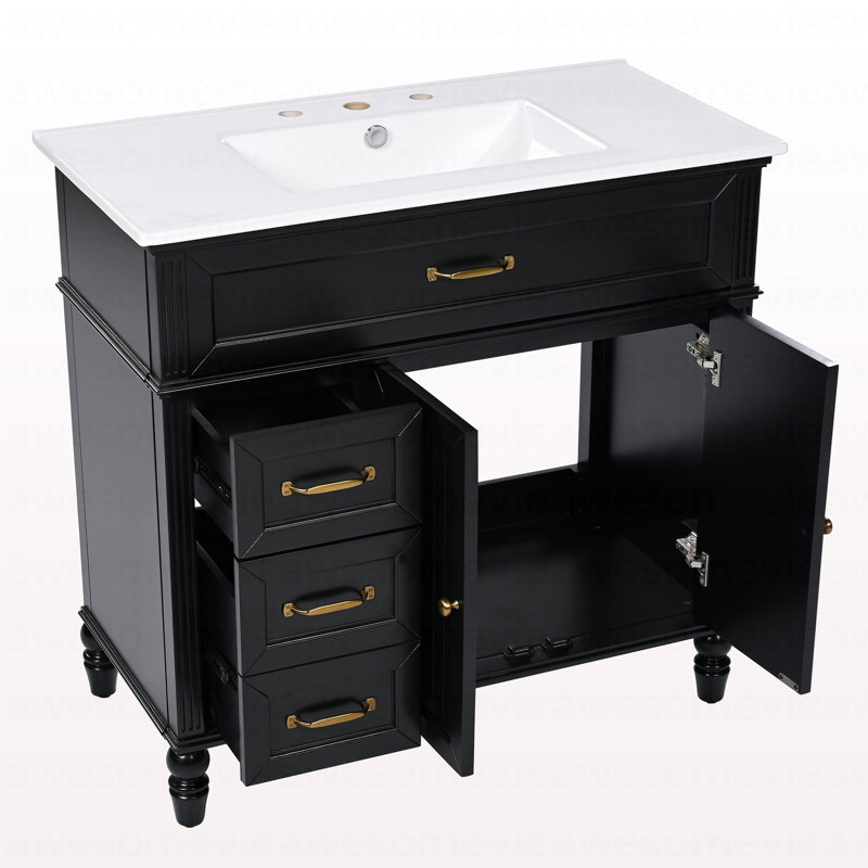 36" Bathroom Vanity With Sink, Black Bathroom Cabinet With Drawers, Solid Frame And MDF Board, One Package, Black