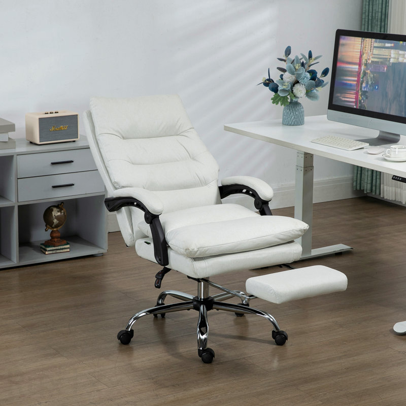 Cream White Microfibre Executive Massage Office Chair, Computer Desk Chair, Heated Reclining Chair, With Footrest, Double-Tier Padding, Swivel Wheels