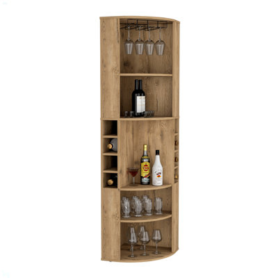 Corner Bar Cabinet With Five Shelves , Eight Bottle Cubbies And Steamware