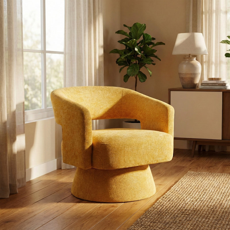 Upholstered Textured Weave Swivel Armchair , Ochre