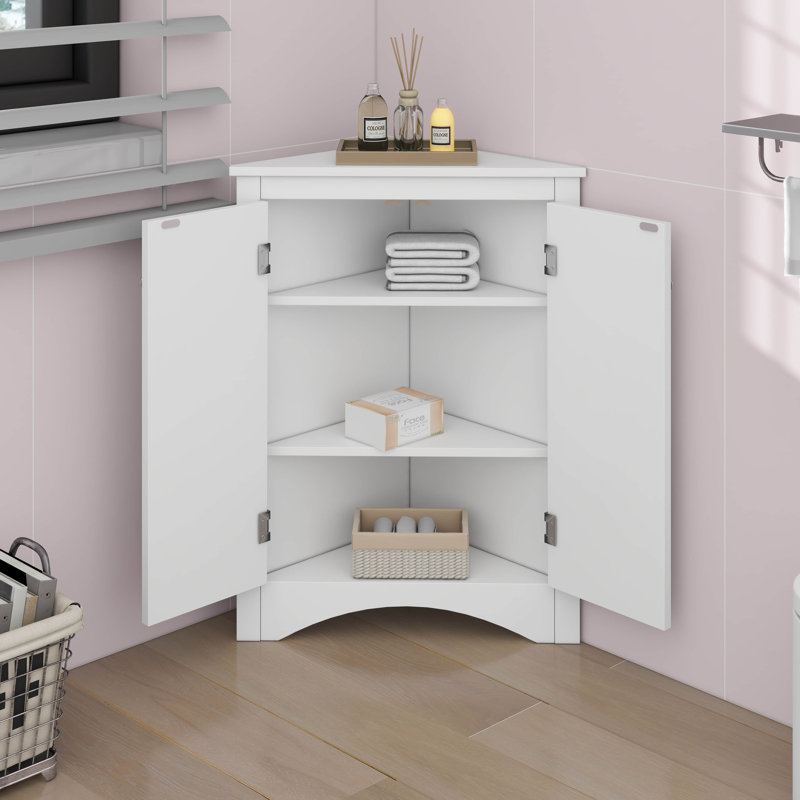 Triangle Bathroom Storage Cabinet With Adjustable Shelves, Freestanding Floor Cabinet, White