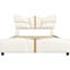 Structure de grand lit en tissu d'ameublement en cuir PU beige, tête de lit papillon et décorations en métal doré, bois massif, sans sommier, installation rapide