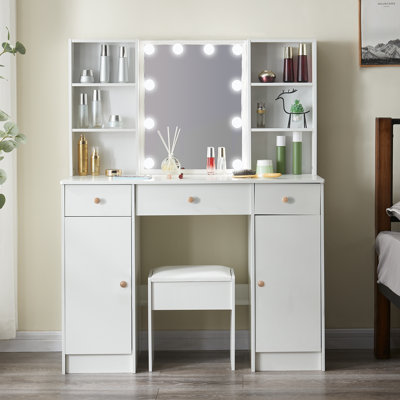 Vanity Table With LED Lighted Mirror, Adjustable Brightness, Makeup Vanity With 2 Cabinets And 3 Drawers, White